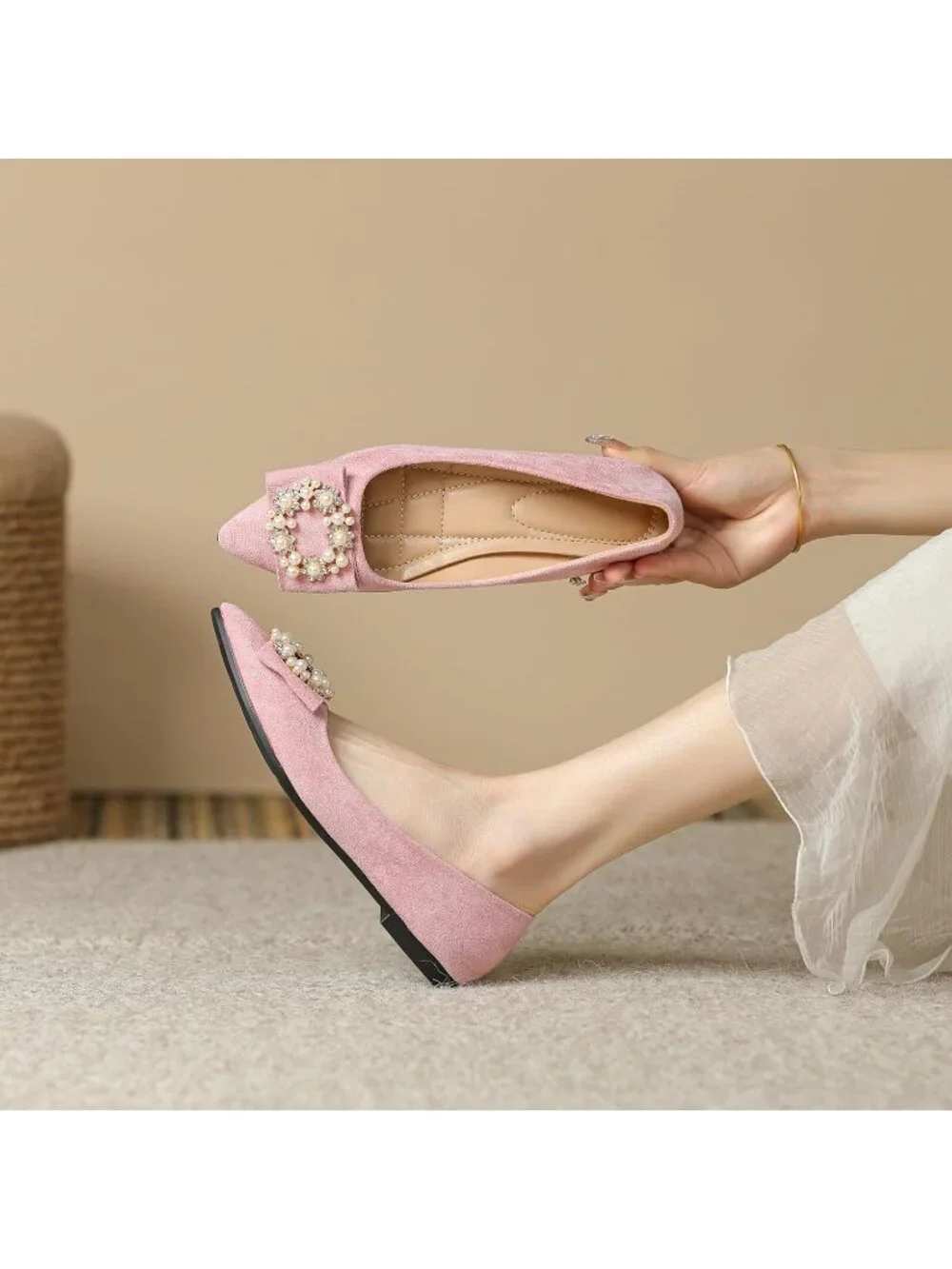 Women's 01-Pink Pointed Toe Pearl Flats Comfort Non Slip Soft Sole Office Shoes